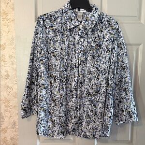 Cuddl Duds Blue White & Olive Floral Button Blouse